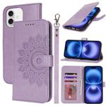 For iPhone 16 Plus Double Fold Printed Embossing Leather Phone Case(Purple)