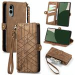 For Fujitsu Arrows We2 Plus / F-51E Geometric Zipper Wallet Side Buckle Leather Phone Case(Brown)