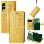For Fujitsu Arrows We2 / F-52E Cat and Dog Embossed Leather Phone Case(Yellow)