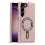 For Samsung Galaxy S23 5G Silver Shield MagSafe Holder Shockproof Phone Case(Pink)
