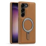 For Samsung Galaxy S23+ 5G Silver Shield MagSafe Holder Shockproof Phone Case(Brown)