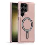 For Samsung Galaxy S23 Ultra 5G Silver Shield MagSafe Holder Shockproof Phone Case(Pink)
