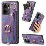 For OPPO Reno13 F Retro Skin-feel Ring Card Bag Phone Case with Hang Loop(Purple)