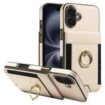 For iPhone 16 Plus Ring Multifunctional Vertical Flip Wallet Back Cover Leather Phone Case(Beige)