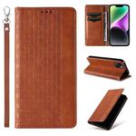 For iPhone 14 Plus Braided Embossed Strong Magnetic Leather Phone Case(Brown)