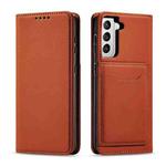 For Samsung Galaxy S21 5G Magnetism Skin Feel Card Holder Leather Phone Case(Brown)
