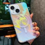 For iPhone 15 Plus Glossy Color-Plated MagSafe Shockproof Phone Case(Colored Feathers)