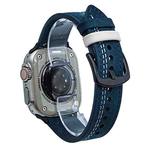 For Apple Watch 46mm / 49mm / 45mm / 44mm 7-Line Tri-Star Buckle Pull Up Leather Watch Band(Dark Blue White Thread)