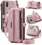 For iPhone XS Max CaseMe C39 RFID Blocking Zipper Wallet Leather Phone Case with Crossbody Strap(Pink)