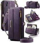 For iPhone XR CaseMe C39 RFID Blocking Zipper Wallet Leather Phone Case with Crossbody Strap(Purple)