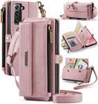 For Samsung Galaxy S22+ 5G CaseMe C39 RFID Blocking Zipper Wallet Leather Phone Case with Crossbody Strap(Pink)