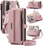 For Samsung Galaxy S21 FE 5G CaseMe C39 RFID Blocking Zipper Wallet Leather Phone Case with Crossbody Strap(Pink)