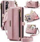For Samsung Galaxy S21+ 5G CaseMe C39 RFID Blocking Zipper Wallet Leather Phone Case with Crossbody Strap(Pink)