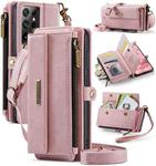 For Samsung Galaxy S21 Ultra 5G CaseMe C39 RFID Blocking Zipper Wallet Leather Phone Case with Crossbody Strap(Pink)