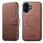 For iPhone 16 Plus Suteni Q05 2-in-1 Multi-function MagSafe Wallet Litchi Leather Phone Case(Brown)