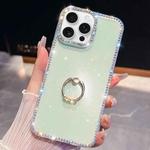For iPhone 14 Pro Max Rhinestone Glitter TPU Ring Holder Anti-fall Phone Case(Light Green)