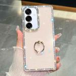 For Samsung Galaxy S25 5G Rhinestone Glitter TPU Ring Holder Anti-fall Phone Case(Light Pink)