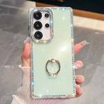 For Samsung Galaxy S25 Ultra 5G Rhinestone Glitter TPU Ring Holder Anti-fall Phone Case(Light Green)