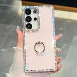 For Samsung Galaxy S23 Ultra 5G Rhinestone Glitter TPU Ring Holder Anti-fall Phone Case(Light Pink)