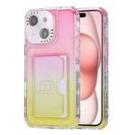 For iPhone 15 Plus Gradient 3-in-1 Card Bag TPU Shockproof Phone Case(Pink Yellow)
