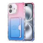 For iPhone 16 Gradient 3-in-1 Card Bag TPU Shockproof Phone Case(Pink Blue)