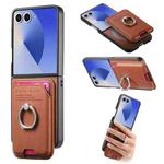 For Samsung Galaxy Z Flip7 5G Twill Fabric Card Bag Ring Magnetic Back Phone Case(Brown)