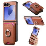 For Samsung Galaxy Z Flip5 5G Twill Fabric Card Bag Ring Magnetic Back Phone Case(Brown)