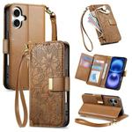 For iPhone 16 Flowers Leaves Zipper Wallet Leather Phone Case with Strap(Brown)