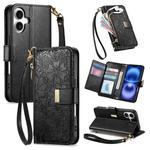 For iPhone 16 Flowers Leaves Zipper Wallet Leather Phone Case with Strap(Black)