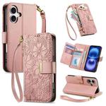 For iPhone 16 Plus Flowers Leaves Zipper Wallet Leather Phone Case with Strap(Pink)