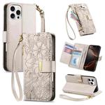 For iPhone 16 Pro Flowers Leaves Zipper Wallet Leather Phone Case with Strap(Khaki)