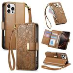 For iPhone 16 Pro Flowers Leaves Zipper Wallet Leather Phone Case with Strap(Brown)