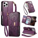For iPhone 16 Pro Flowers Leaves Zipper Wallet Leather Phone Case with Strap(Purple)