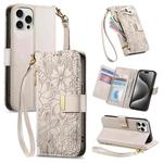 For iPhone 15 Pro Flowers Leaves Zipper Wallet Leather Phone Case with Strap(Khaki)