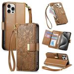 For iPhone 15 Pro Flowers Leaves Zipper Wallet Leather Phone Case with Strap(Brown)