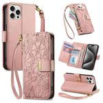 For iPhone 15 Pro Flowers Leaves Zipper Wallet Leather Phone Case with Strap(Pink)