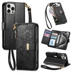 For iPhone 15 Pro Flowers Leaves Zipper Wallet Leather Phone Case with Strap(Black)