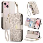 For iPhone 15 Plus Flowers Leaves Zipper Wallet Leather Phone Case with Strap(Khaki)