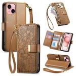 For iPhone 15 Plus Flowers Leaves Zipper Wallet Leather Phone Case with Strap(Brown)