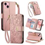 For iPhone 15 Plus Flowers Leaves Zipper Wallet Leather Phone Case with Strap(Pink)