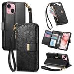 For iPhone 15 Plus Flowers Leaves Zipper Wallet Leather Phone Case with Strap(Black)