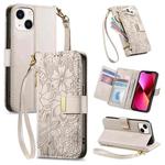 For iPhone 14 / 13 Flowers Leaves Zipper Wallet Leather Phone Case with Strap(Khaki)