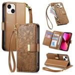 For iPhone 14 / 13 Flowers Leaves Zipper Wallet Leather Phone Case with Strap(Brown)