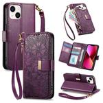For iPhone 14 / 13 Flowers Leaves Zipper Wallet Leather Phone Case with Strap(Purple)