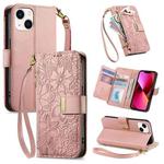 For iPhone 14 / 13 Flowers Leaves Zipper Wallet Leather Phone Case with Strap(Pink)