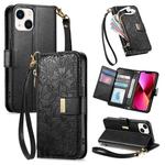 For iPhone 14 / 13 Flowers Leaves Zipper Wallet Leather Phone Case with Strap(Black)