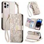 For iPhone 14 Pro Flowers Leaves Zipper Wallet Leather Phone Case with Strap(Khaki)