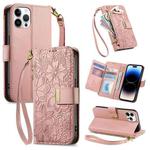For iPhone 14 Pro Flowers Leaves Zipper Wallet Leather Phone Case with Strap(Pink)