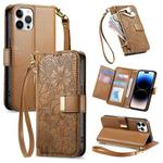 For iPhone 14 Pro Max Flowers Leaves Zipper Wallet Leather Phone Case with Strap(Brown)