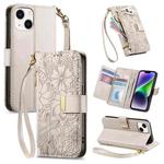 For iPhone 14 Plus Flowers Leaves Zipper Wallet Leather Phone Case with Strap(Khaki)